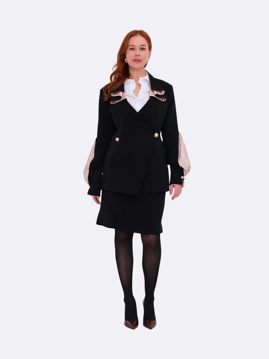 The DAY Suit — wool crepe — black / silk — Petal Pink