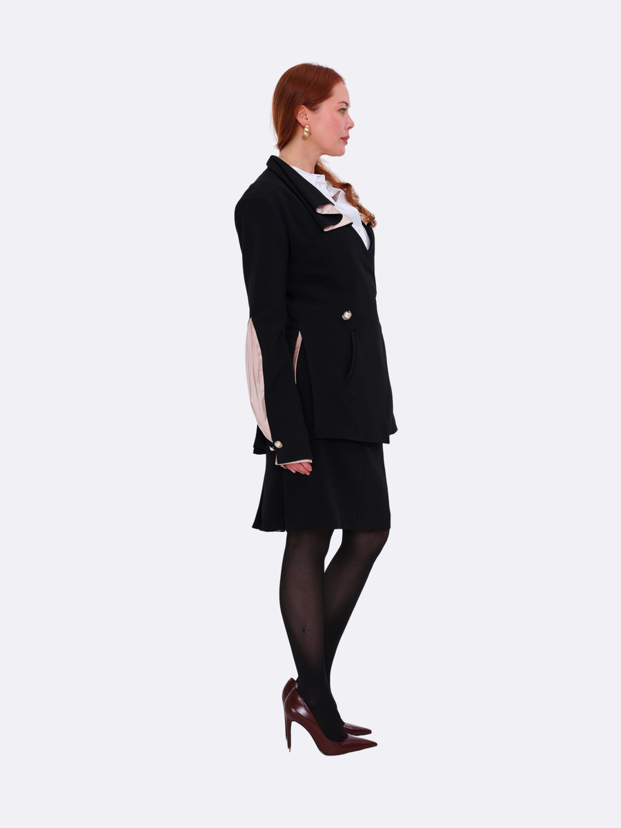 The DAY Suit — wool crepe — black / silk — Petal Pink