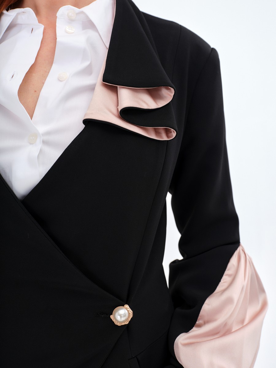 The DAY Jacket — wool crepe — black / silk — Petal Pink